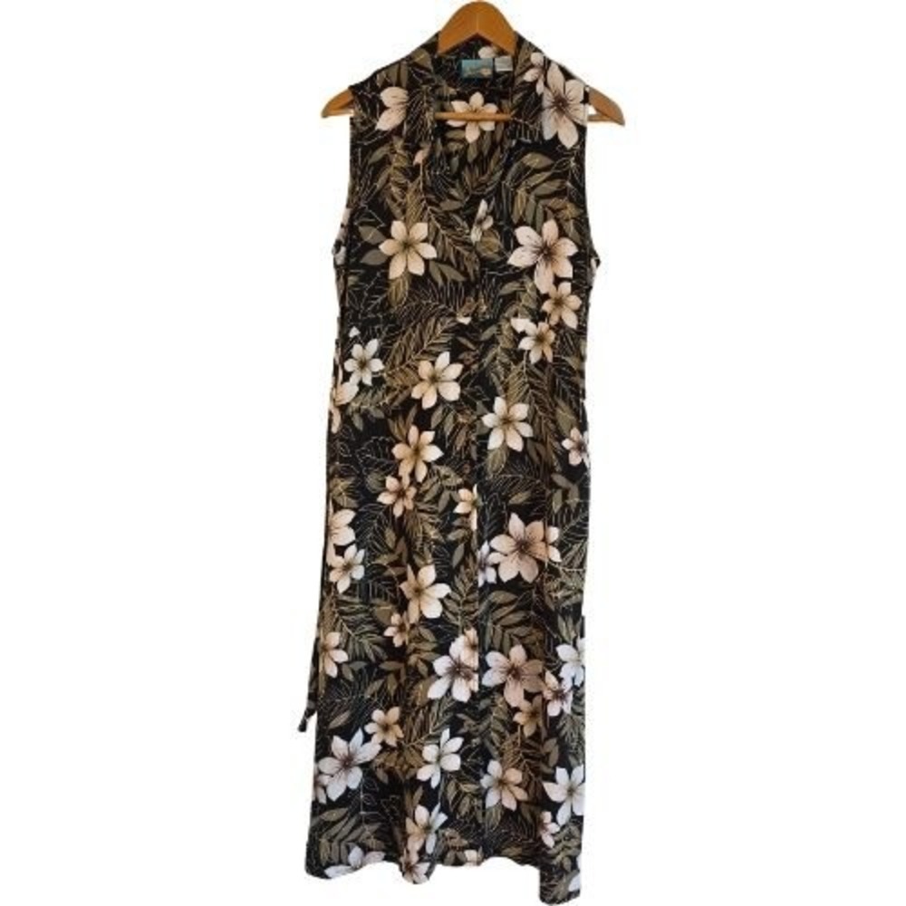 Vintage Bahama Beach L Black Tropical Floral Hibiscus Button Front Maxi Dress‎